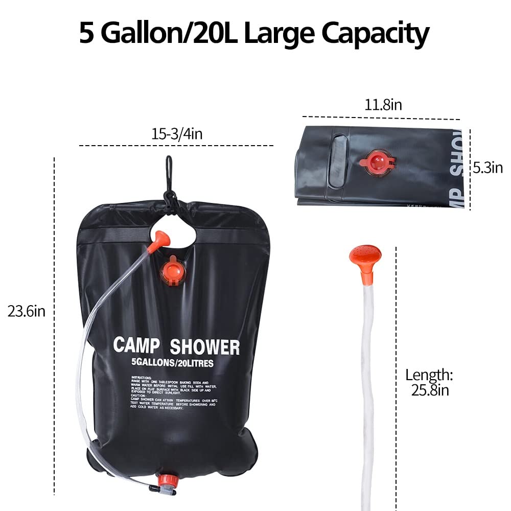 5 Gallons/20L Camping Shower Bag, Portable Shower Bag with Removable Hose and On-Off Switchable