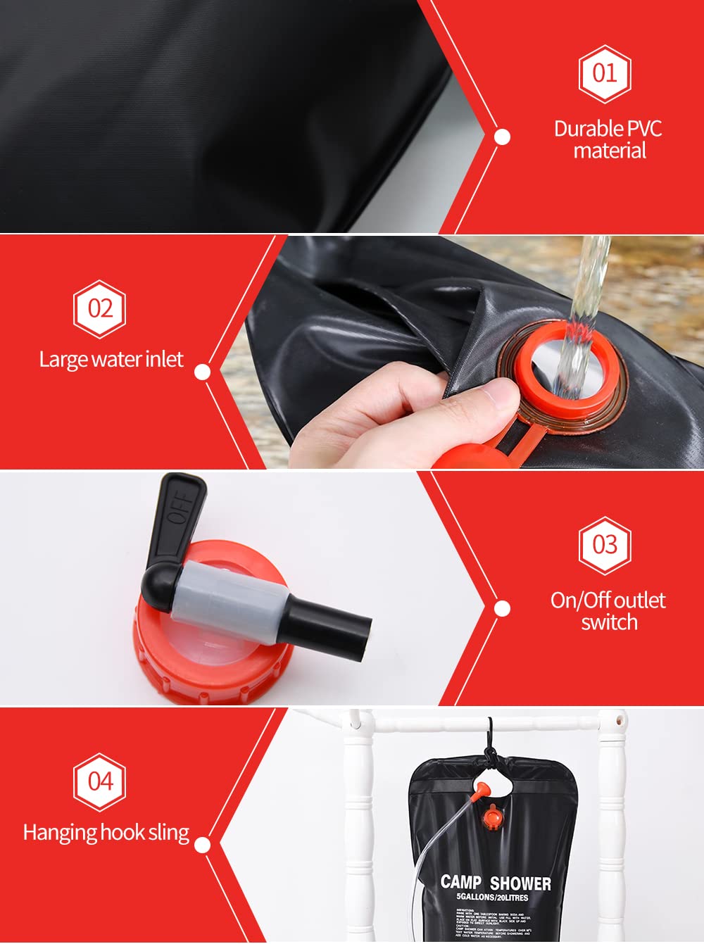 5 Gallons/20L Camping Shower Bag, Portable Shower Bag with Removable Hose and On-Off Switchable