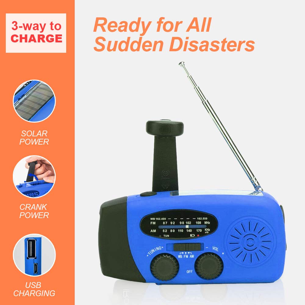 Emergency Weather AM FM Hand Crank Wind up Radio with SOS, 2000mAh Led Flashlight