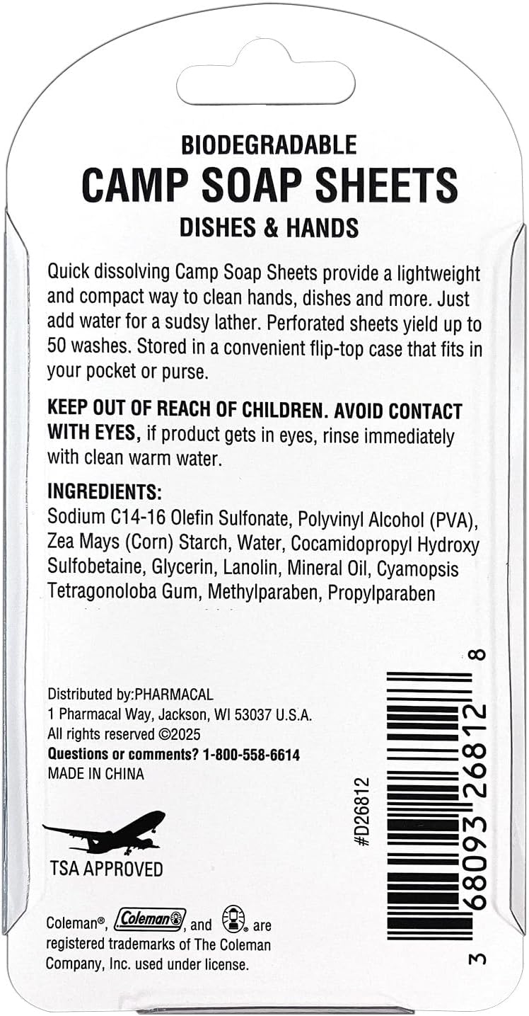 Coleman Camp Soap Sheets – 25 Travel Soap Sheets, TSA-Approved for Travel