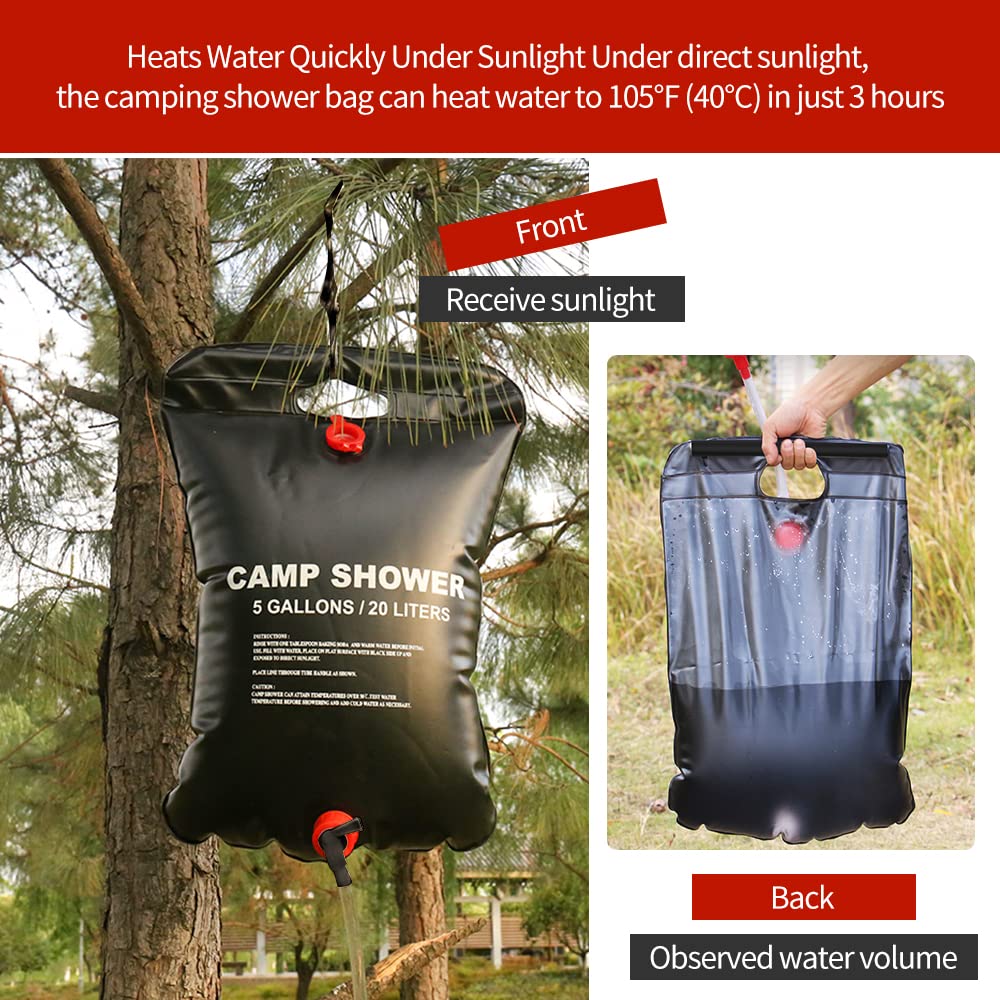 5 Gallons/20L Camping Shower Bag, Portable Shower Bag with Removable Hose and On-Off Switchable