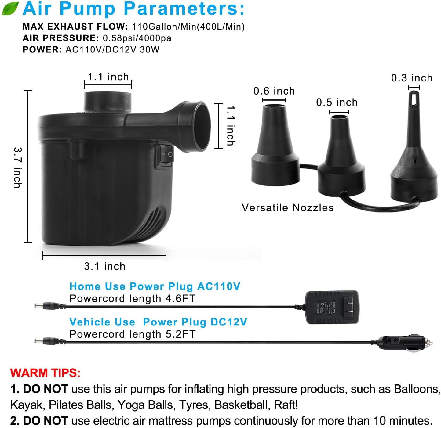 Newpol Inflatable Bed Pump, Electric Air Pump (AC110-240V/DC12V）