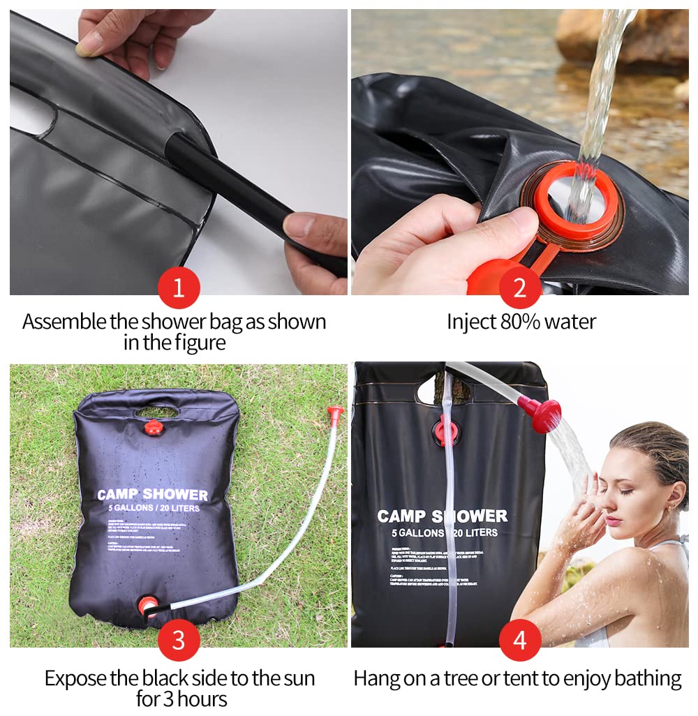 5 Gallons/20L Camping Shower Bag, Portable Shower Bag with Removable Hose and On-Off Switchable