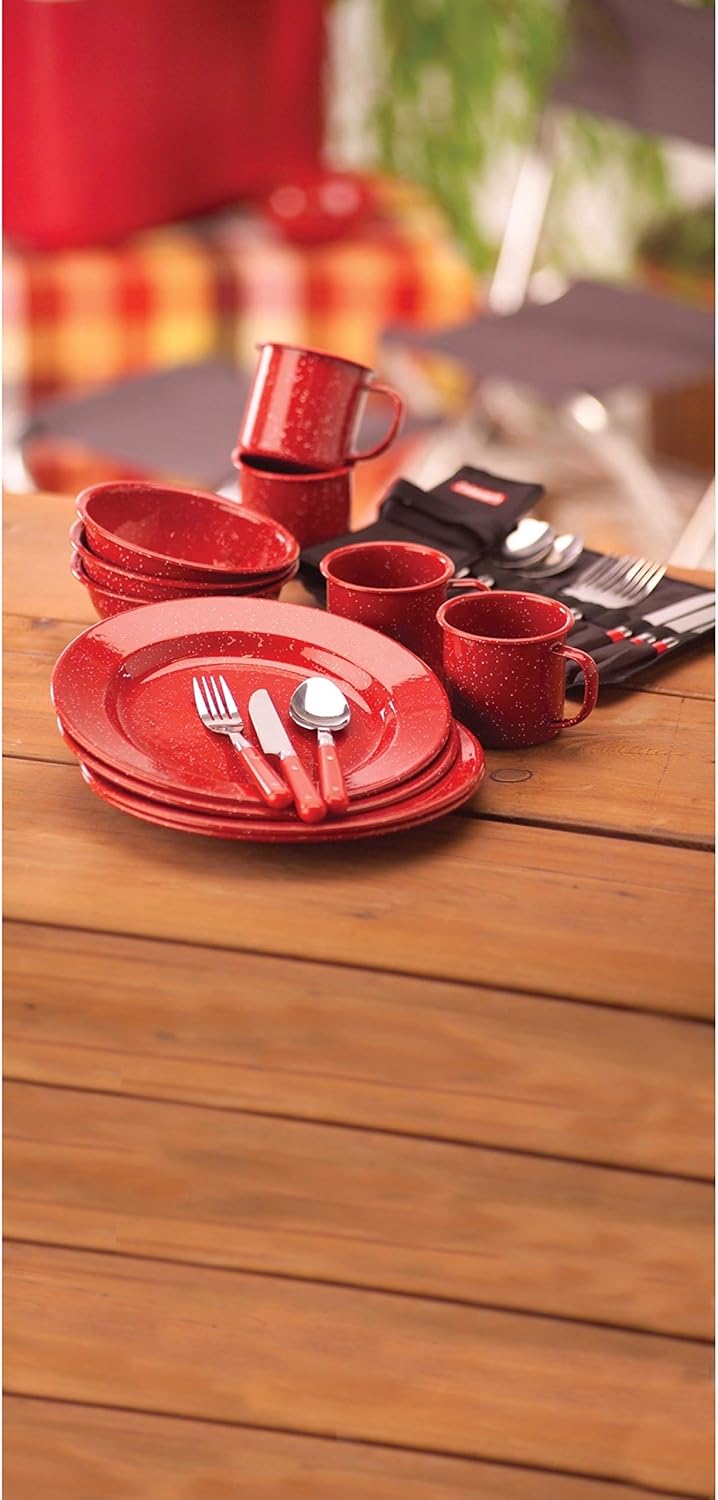 Coleman 24-Piece Enamel Dinnerware Set for Outdoor Dining, Dishwasher Safe