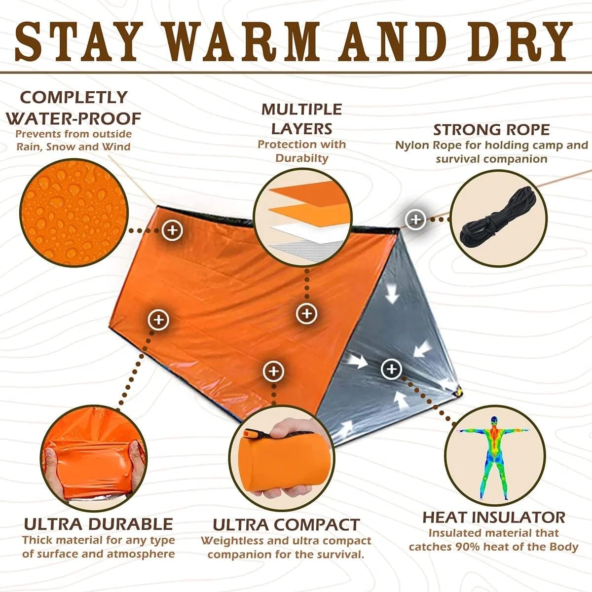 Emergency 2-Person Orange & Gray Survival Tent with Whistle & Paracord