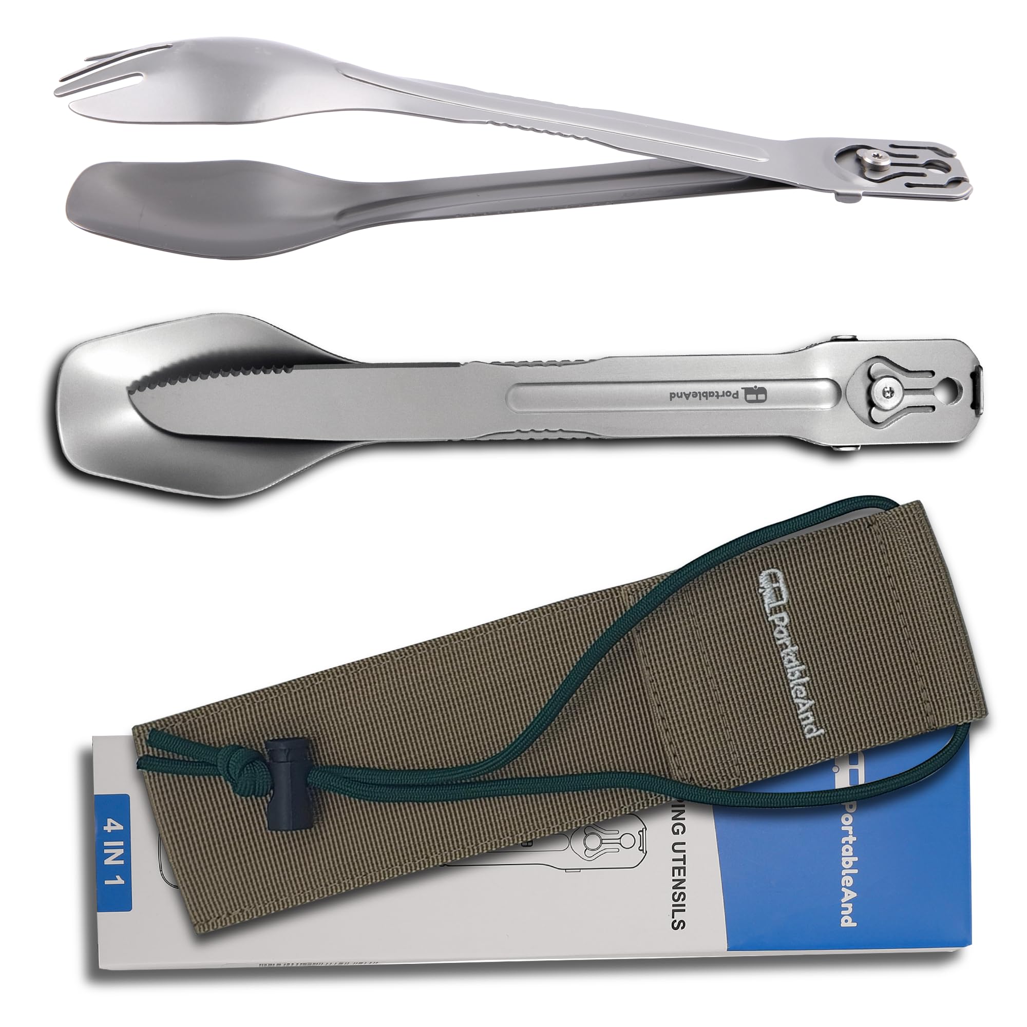 Portable 4-in-1 Camping Utensil Set: Spoon, Spork, Knife, Tongs