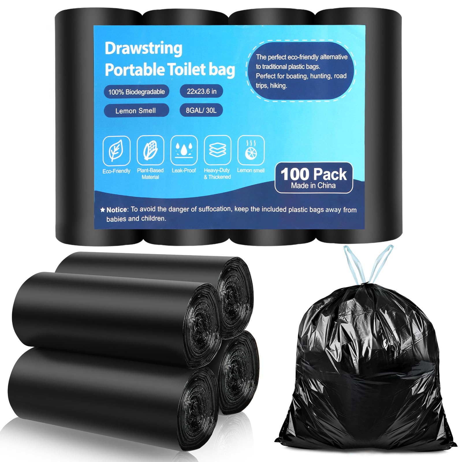 Portable Biodegradable Camping 8 Gallon Waste Bags for 5-8 Gallon Bucket Toilet