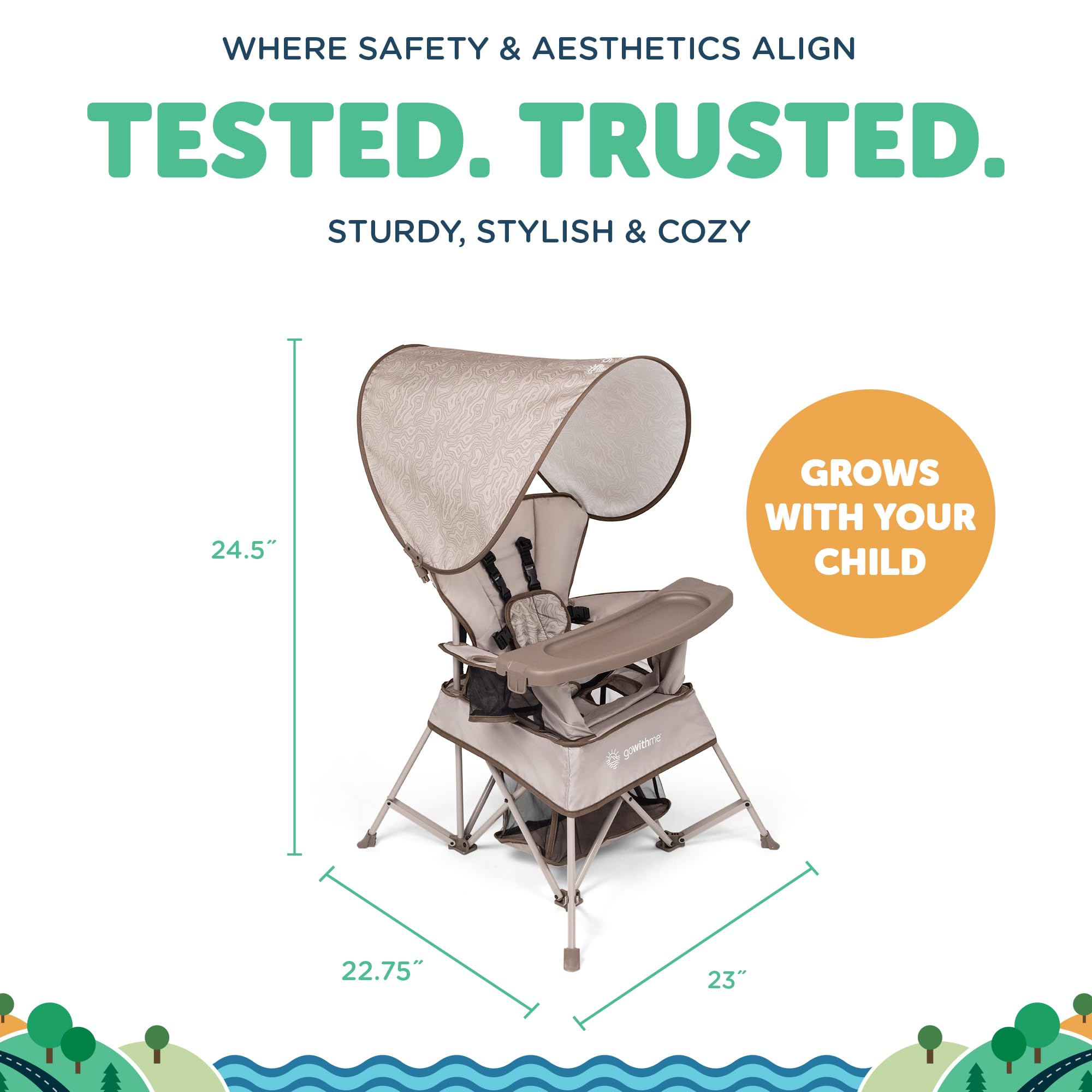 Portable Chair for Indoor and Outdoor use with Sun Canopy, 3 Child Growth Stages