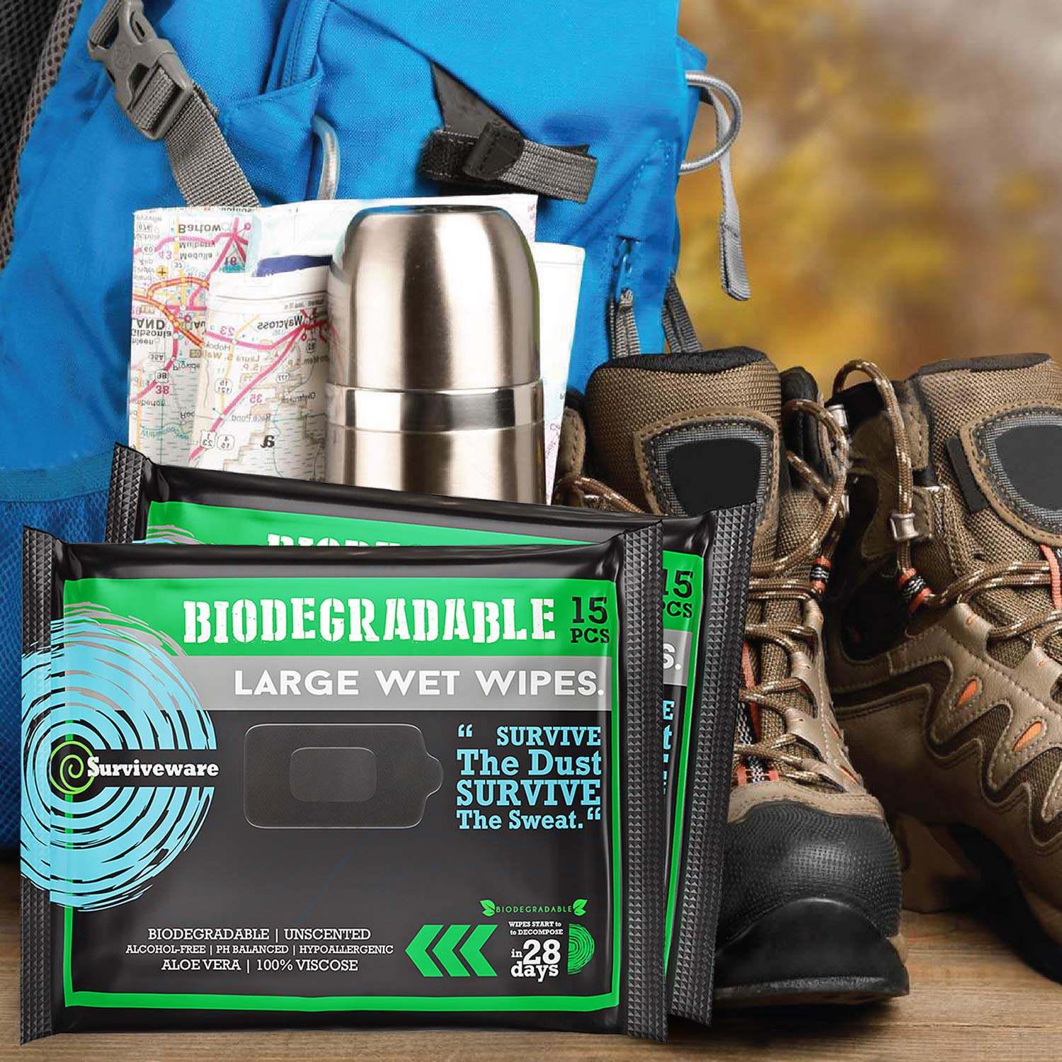 Surviveware Biodegradable Wipes Men or Women - Shower Wet Wipes - 32 Count, Pack of 1