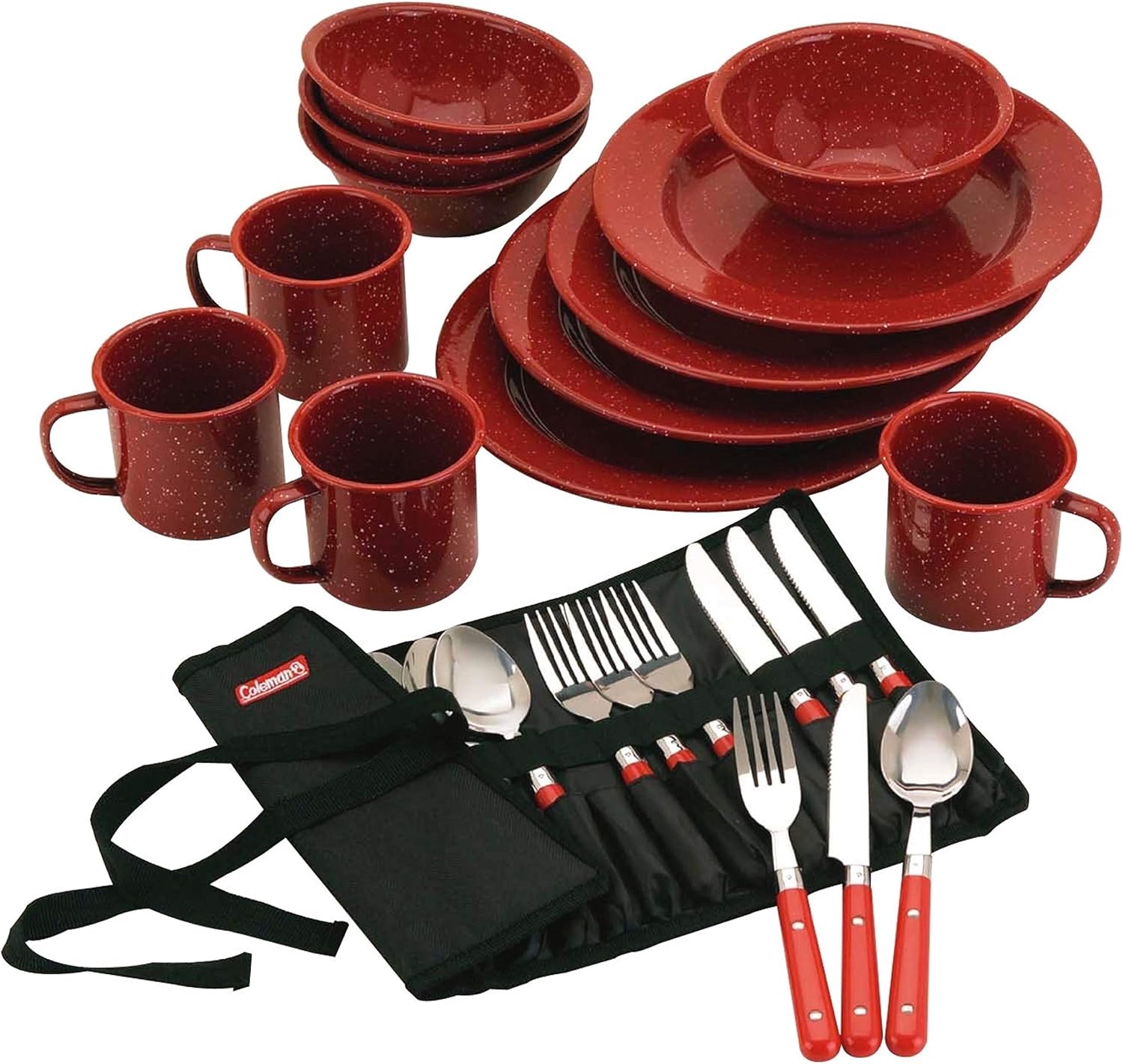Coleman 24-Piece Enamel Dinnerware Set for Outdoor Dining, Dishwasher Safe