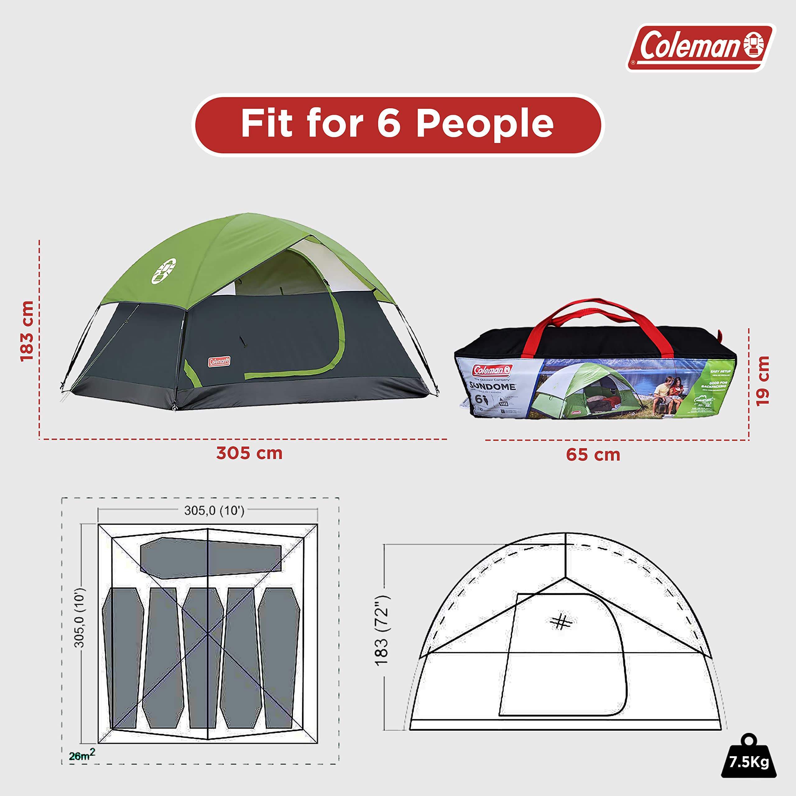 Coleman Sundome Camping Tent with Rainfly, 2/3/4/6 Person Tent Sets Up in 10 Mins, Weatherproof