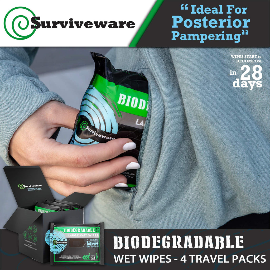 Surviveware Biodegradable Wipes Men or Women - Shower Wet Wipes - 32 Count, Pack of 1