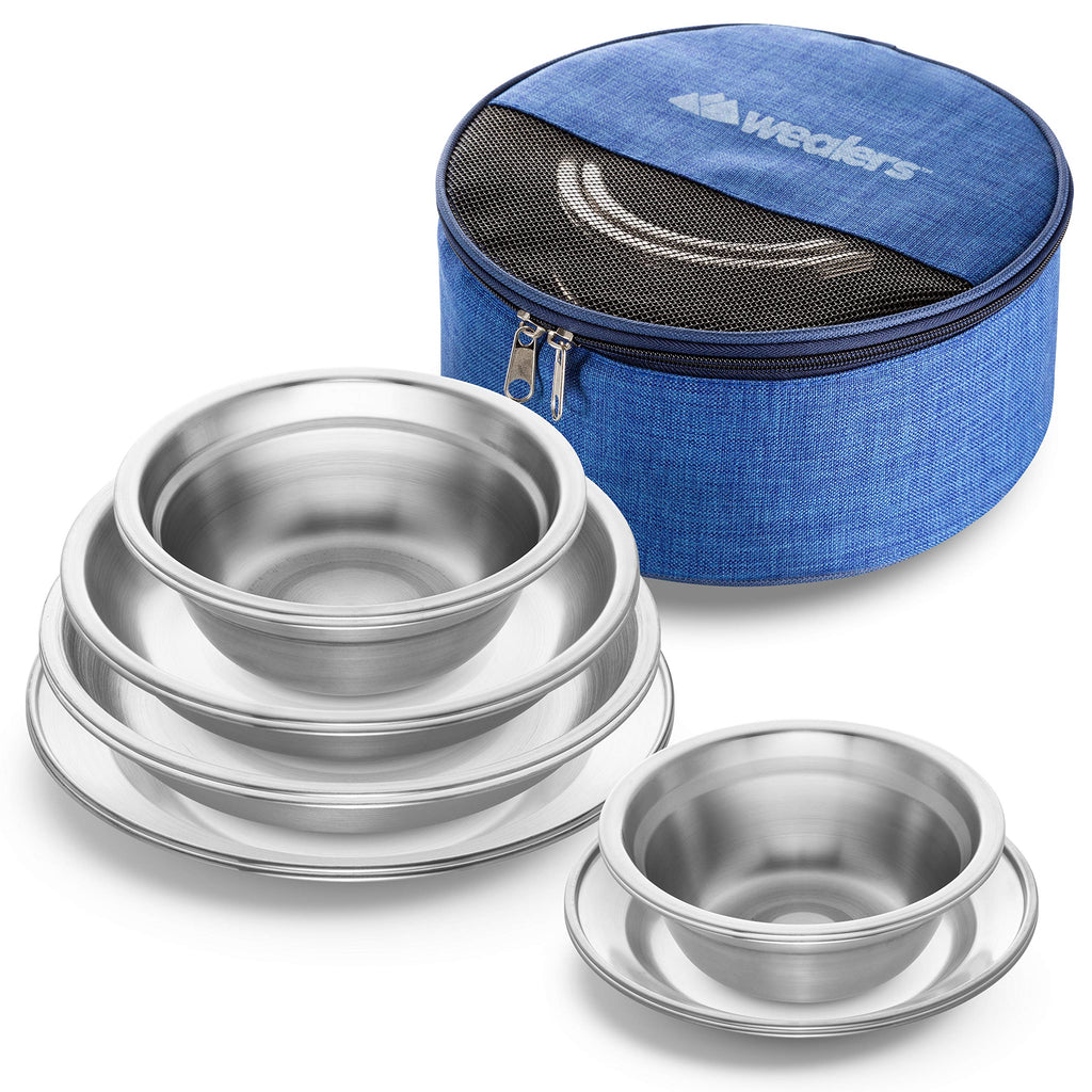 Stainless Steel Plates and Bowls Camping Set Incl. Travel Bag