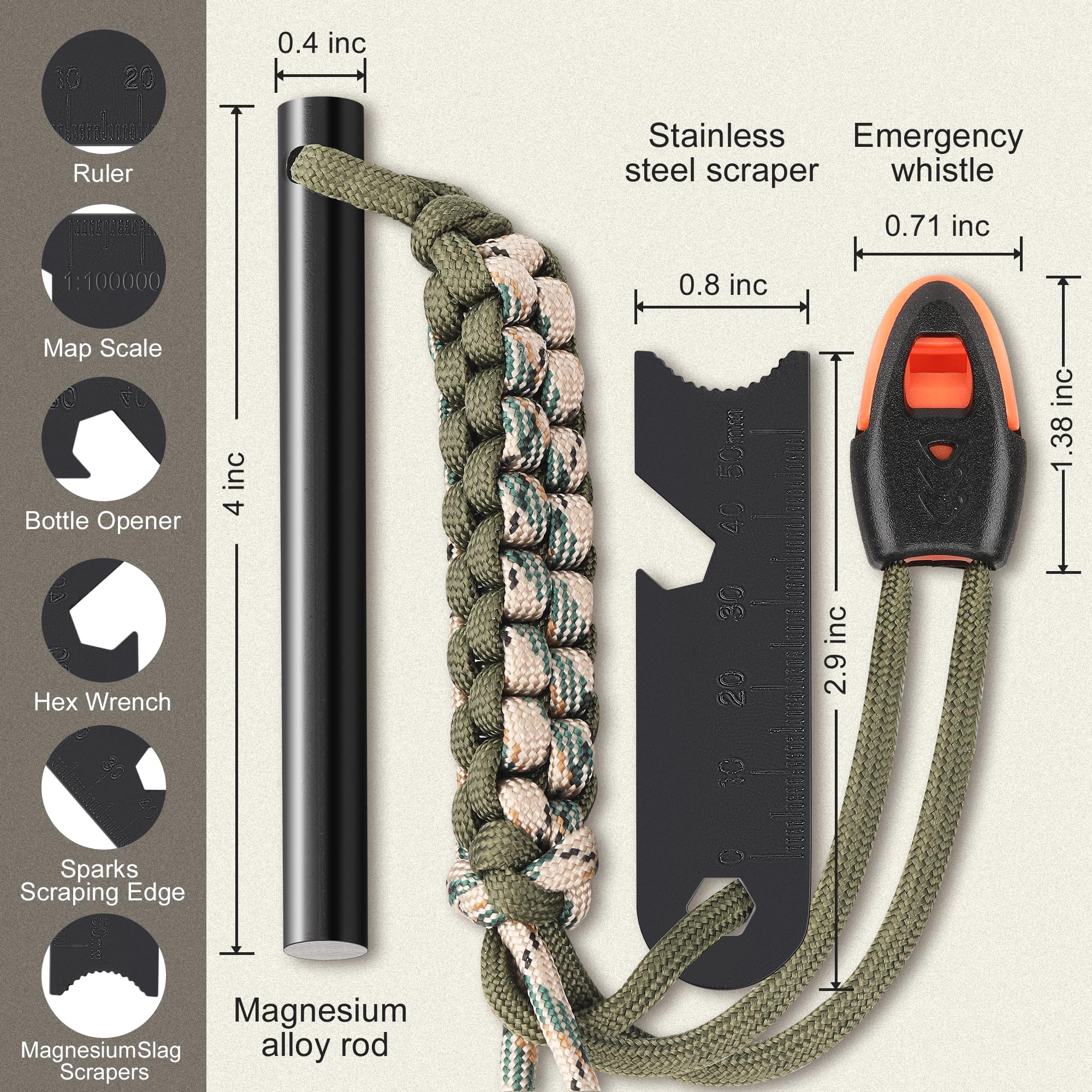 Ferro Rod Flint Fire Starters and Steel Survival Tool with Paracord