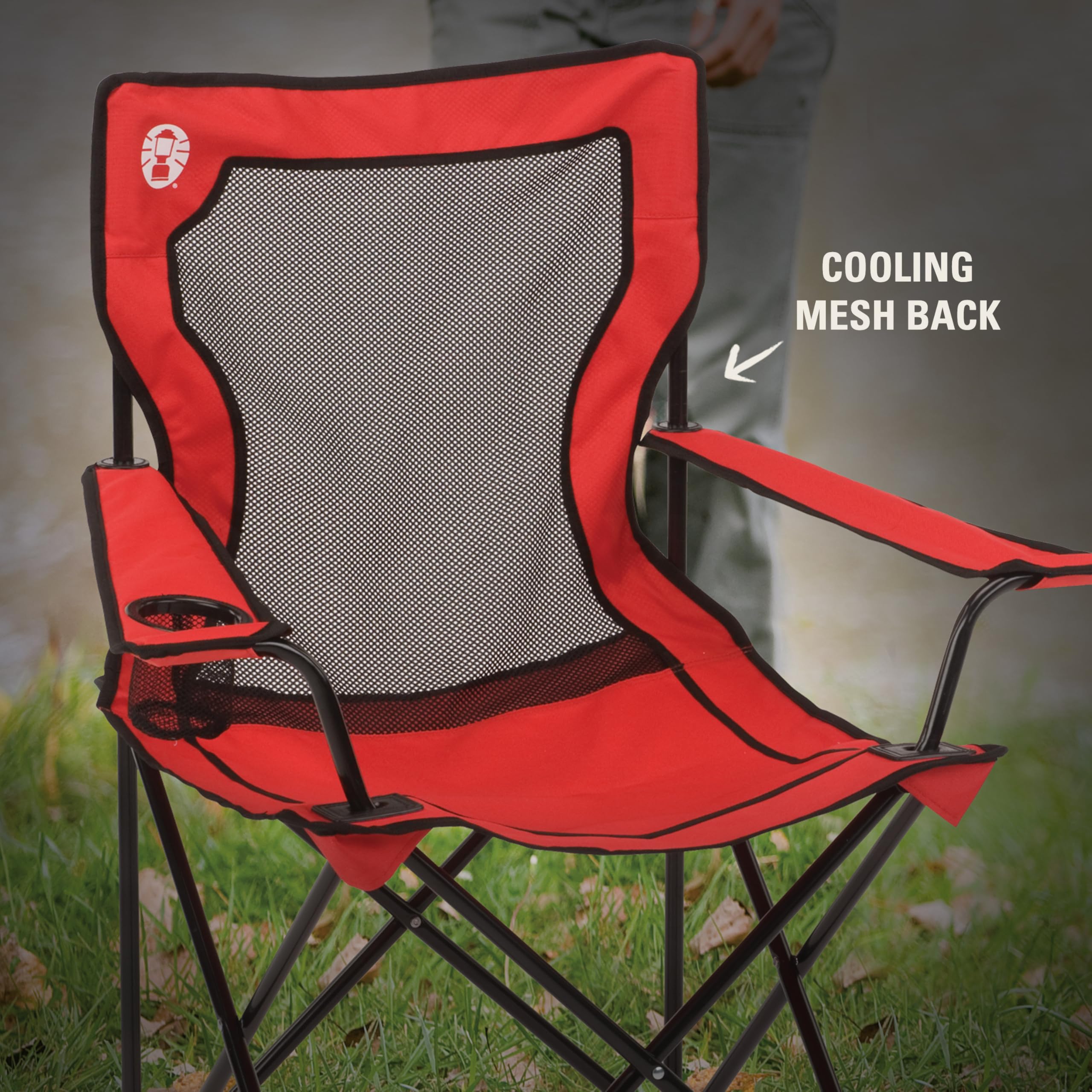 Coleman Broadband Mesh Quad Camping Chair with Carry Bag & Cup Holder, Cooling Mesh Back with Adjustable Arms, Great for Camping, Tailgating, Firepits, Patio, & More